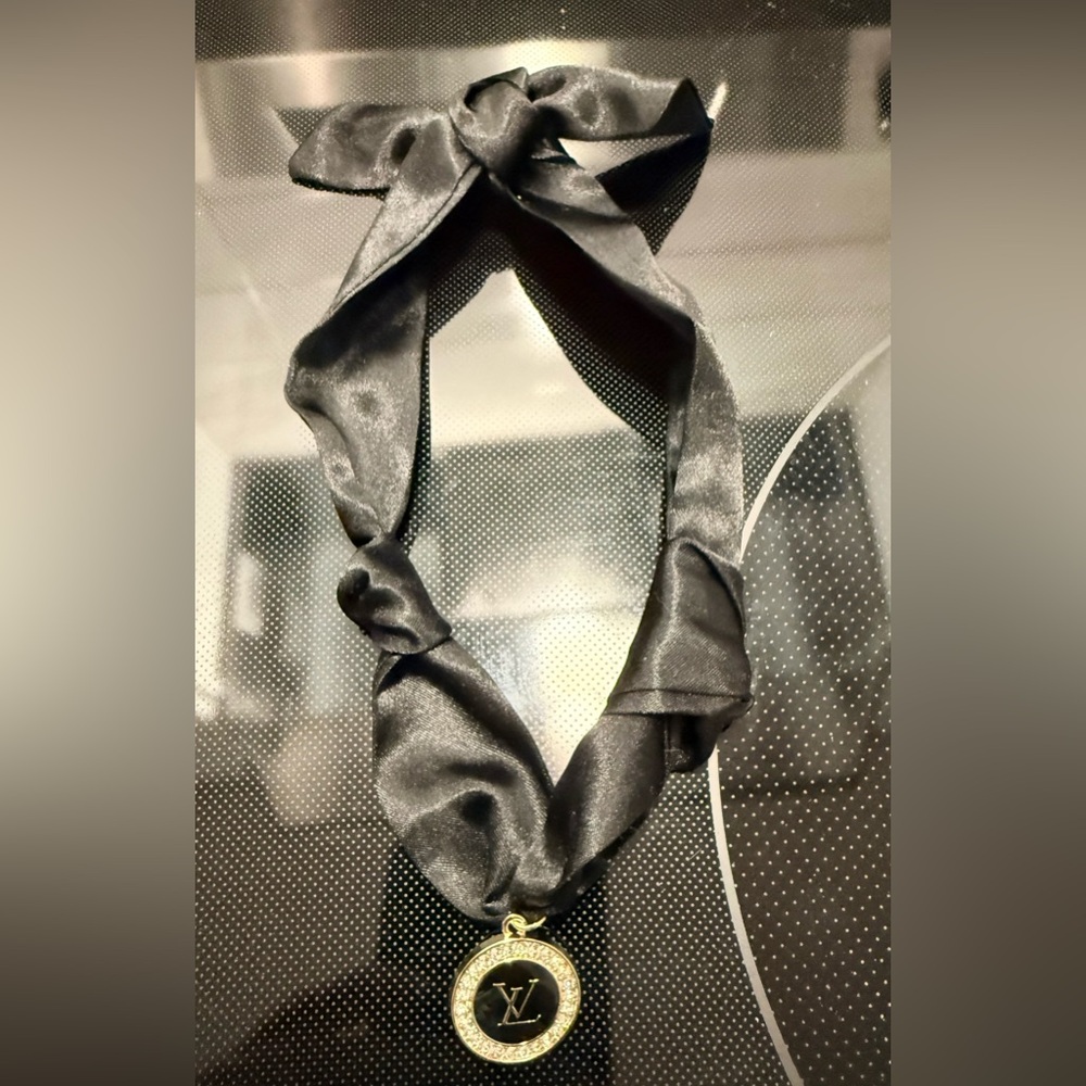 LV Upcycled Gold and Black Pendant with Black Scarf Necklace NWOT